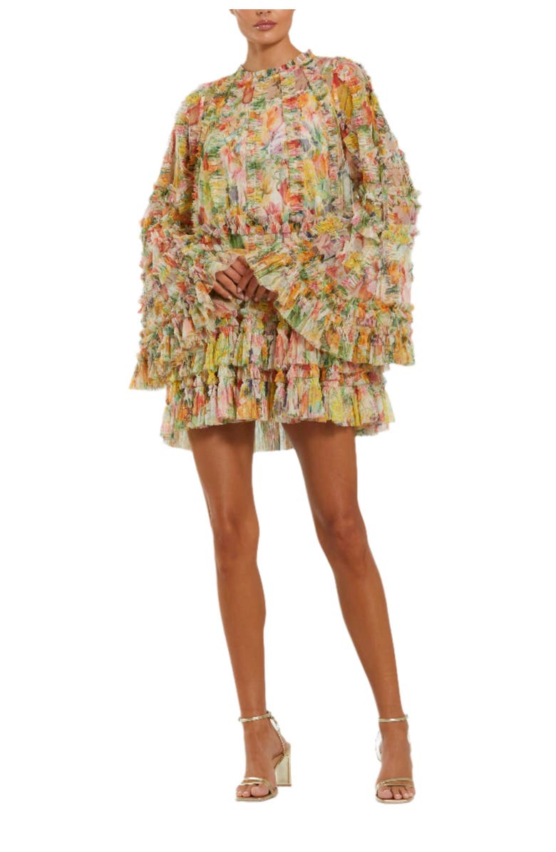 Mac Duggal Printed Mesh Ruffle High Neck Mini Dress, Main, color, Ivory Multi