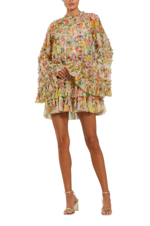 Printed Mesh Ruffle High Neck Mini Dress