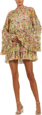 Mac Duggal Printed Mesh Ruffle High Neck Mini Dress