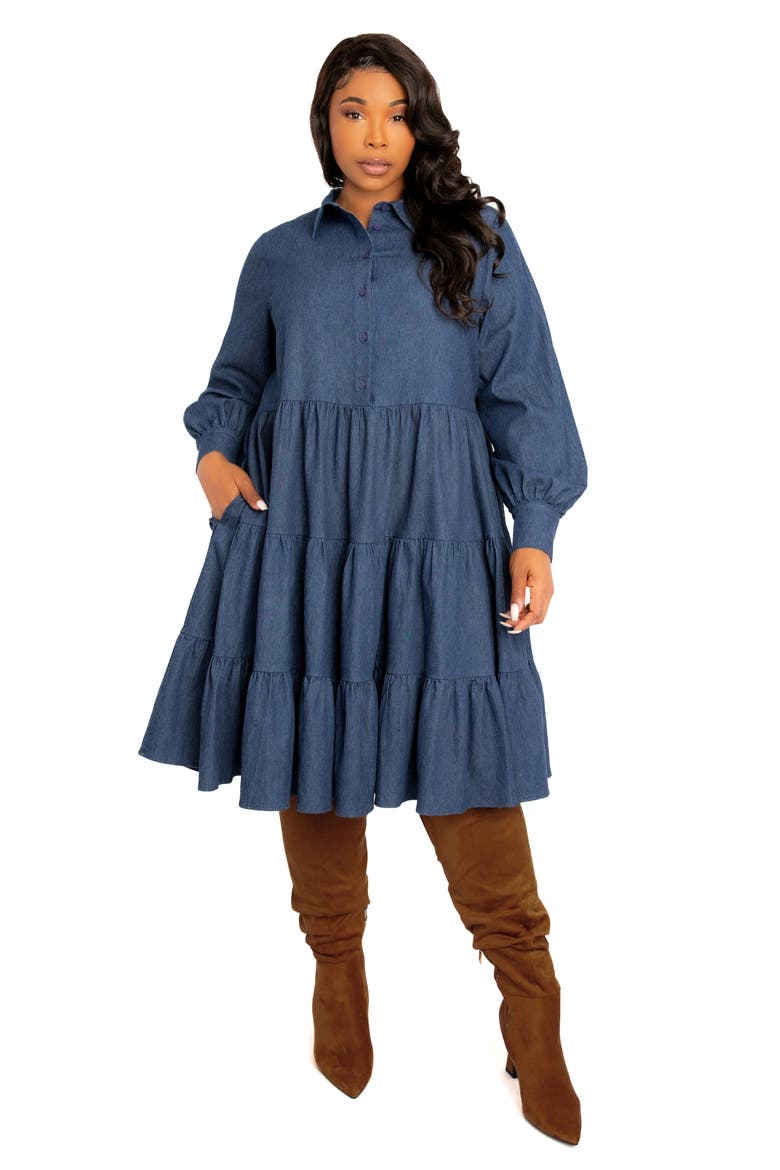 Tiered Long Sleeve Denim Dress, Alternate, color, DENIM BLUE