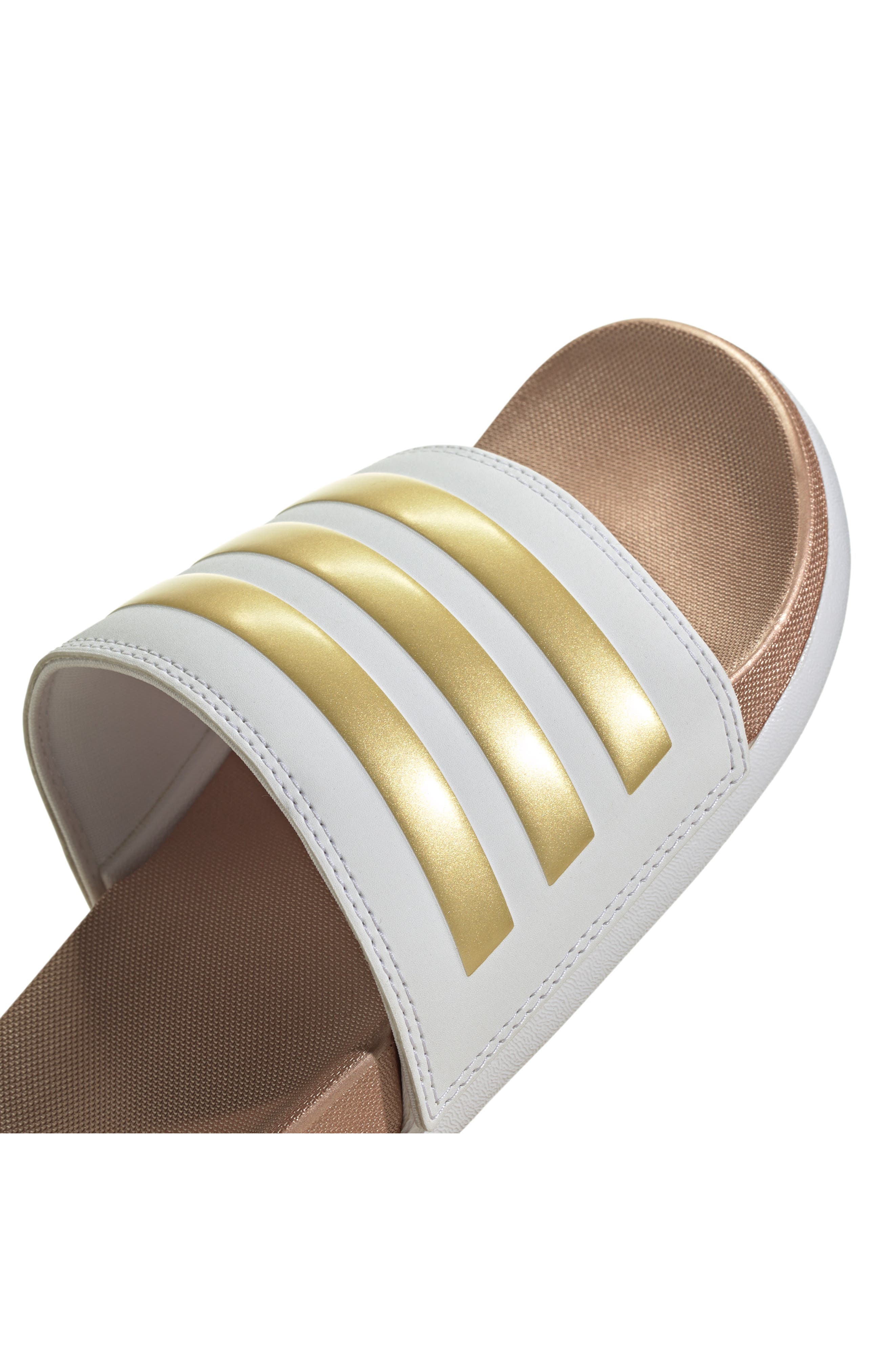 adidas Adilette Comfort Slide Sandal, Alternate, color, White/ White/ Matte Gold