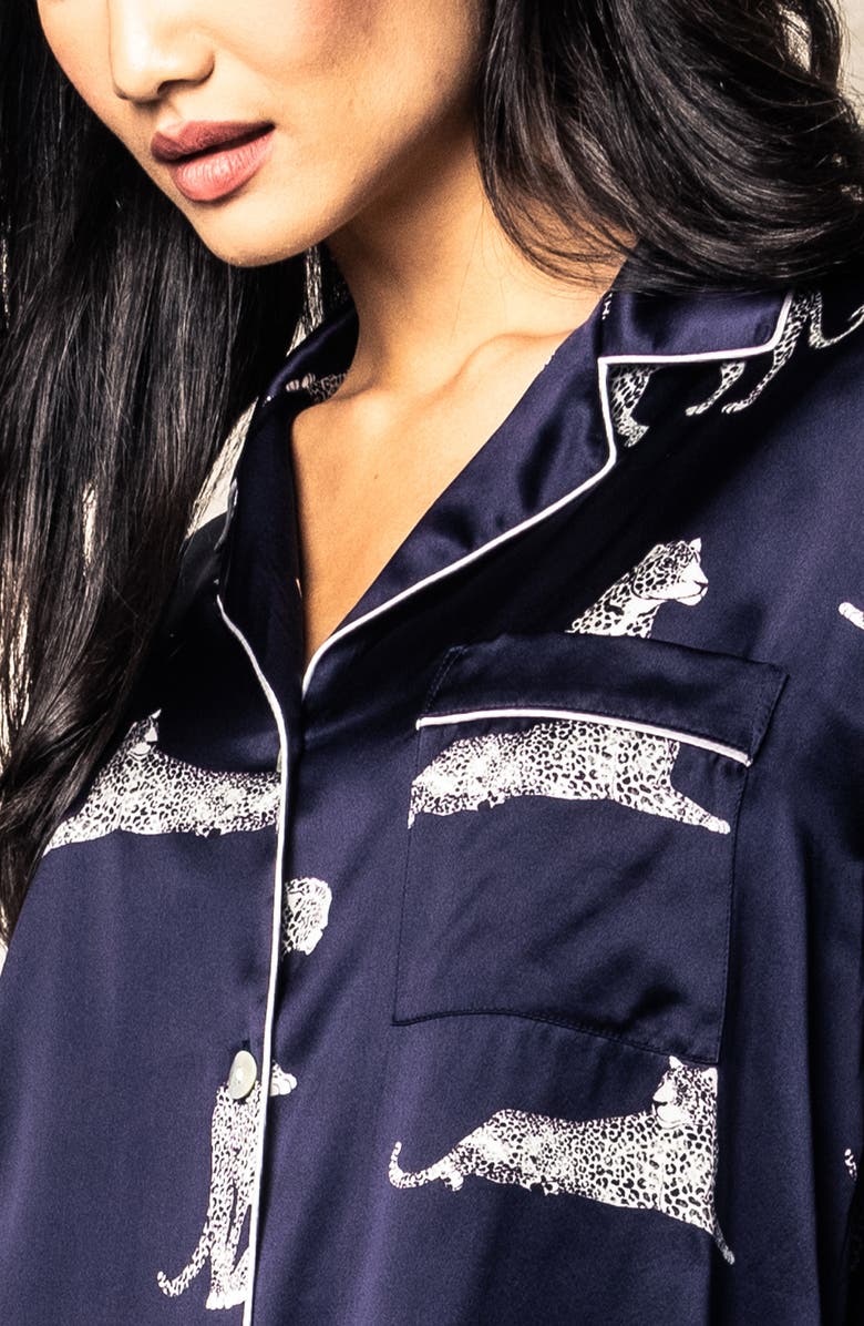 Petite Plume Panthre de Nuit Piped Silk Pajamas, Alternate, color, Navy