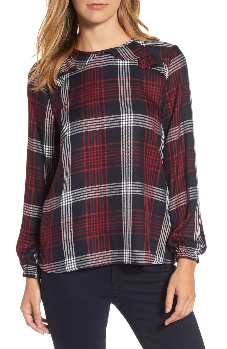 Bobeau Plaid Ruffle Top, Main, color, 