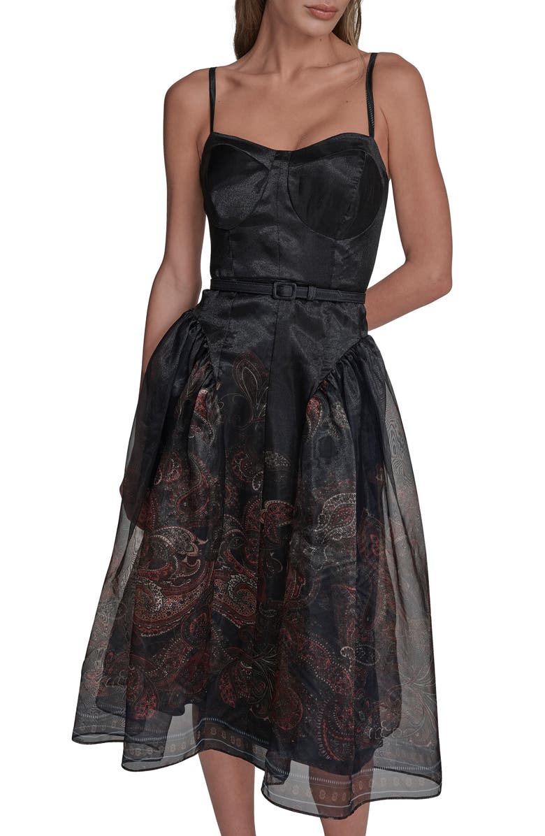 BCBG Paisley Organza Bustier Midi Dress, Alternate, color, City Indigo Multi