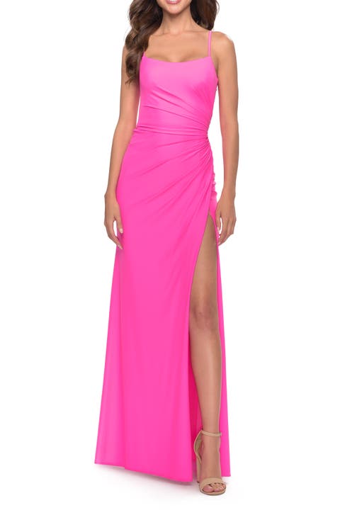 Elegant Jersey Dress with Ruching and Square Neckline in Neon