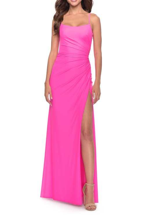 La Femme Elegant Jersey Dress With Ruching And Square Neckline In Neon Pink