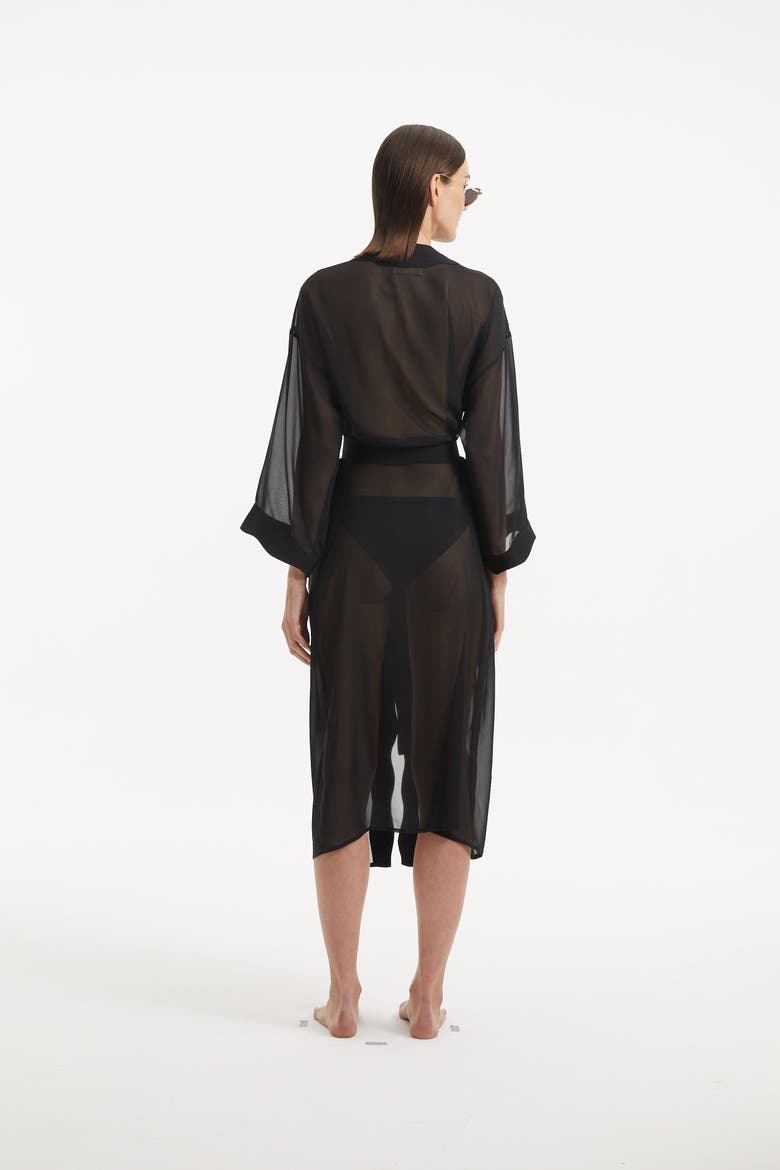 Blaze Long Sleeve Wavy-Trim Belted Sheer Kaftan, Alternate, color, Black