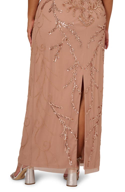 Adrianna Papell Beaded Mesh Blouson Gown In Brown