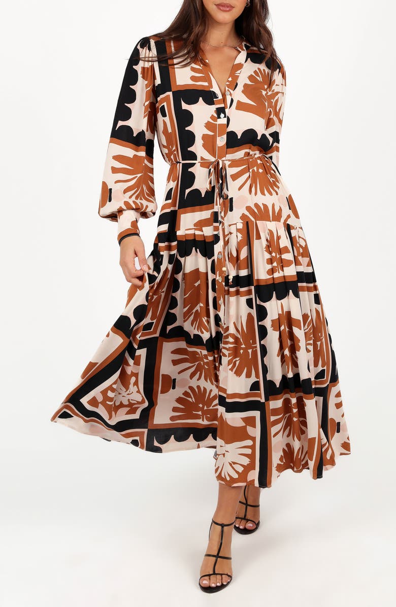 Petal & Pup Jules Abstract Print Long Sleeve Maxi Shirtdress, Main, color, Brown Multi