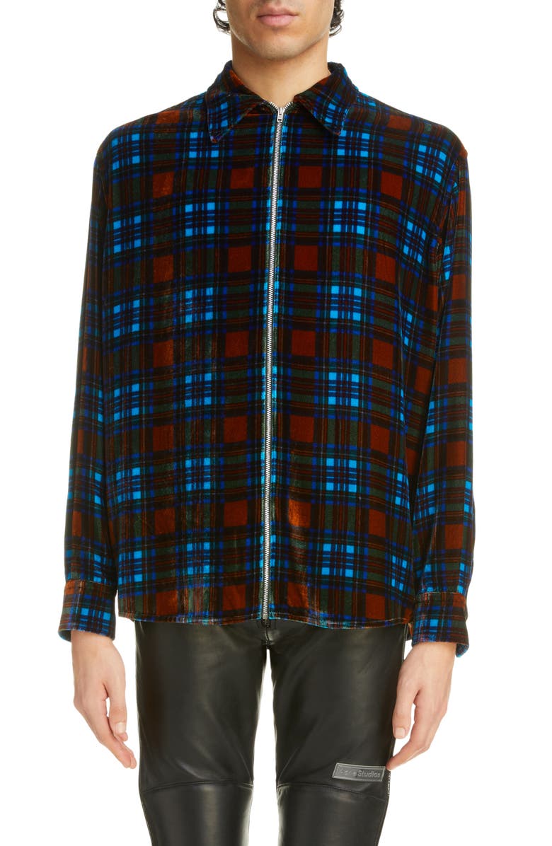 Acne Studios Plaid Velvet Zip-Up Shirt Jacket, Main, color, 