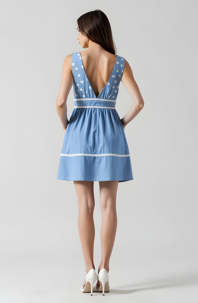 Modenaire Embroidered Sleeveless Lace-Trim V-Neck Mini Dress, Alternate, color, 