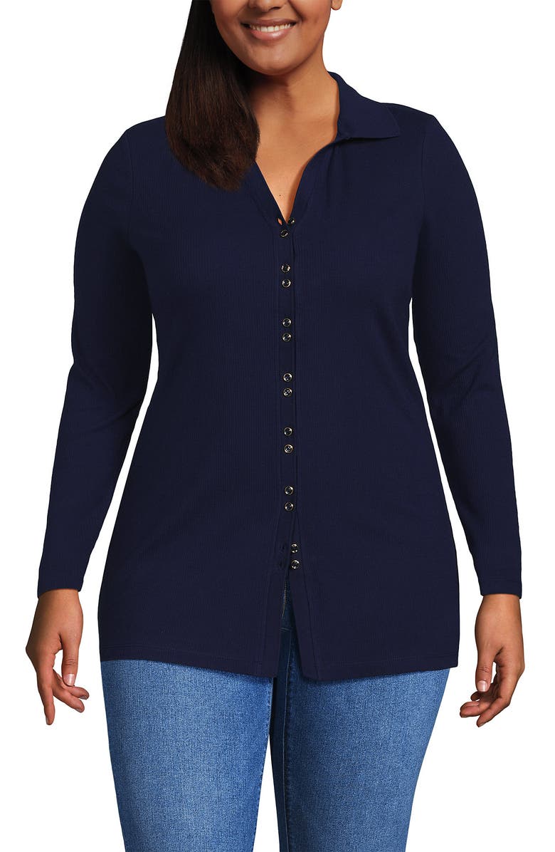 Lands' End Plus Size Long Sleeve Polished Rib Button Through Tunic Shirt, Main, color, Deep Sea Navy