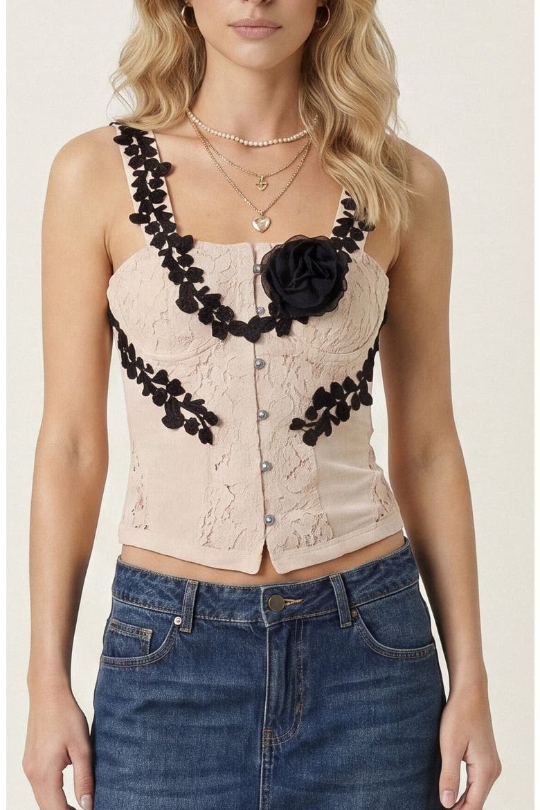 Lace Panel Floral Strap Detail Button Front Corset Top, Alternate, color, Beige
