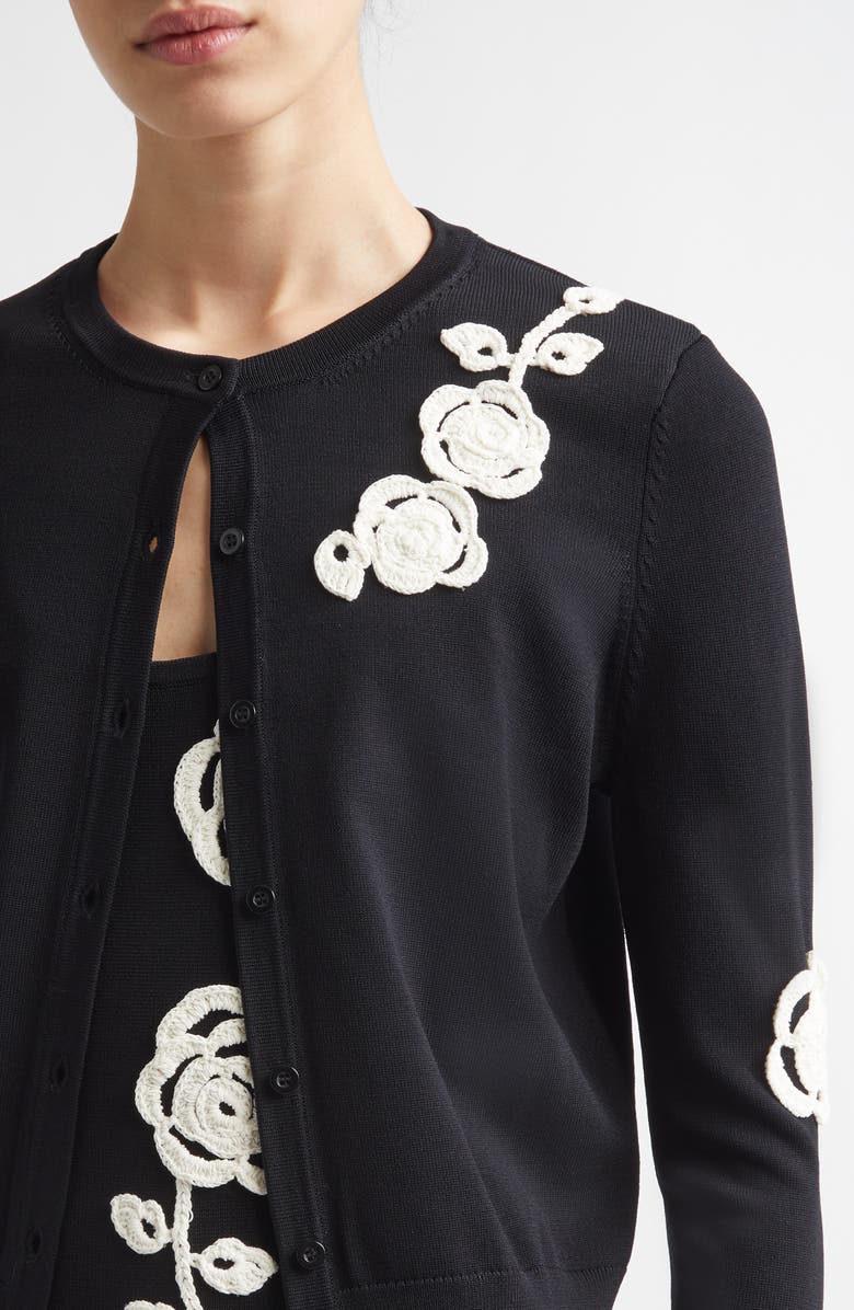 Lela Rose Crochet Appliqué Cardigan, Alternate, color, Black