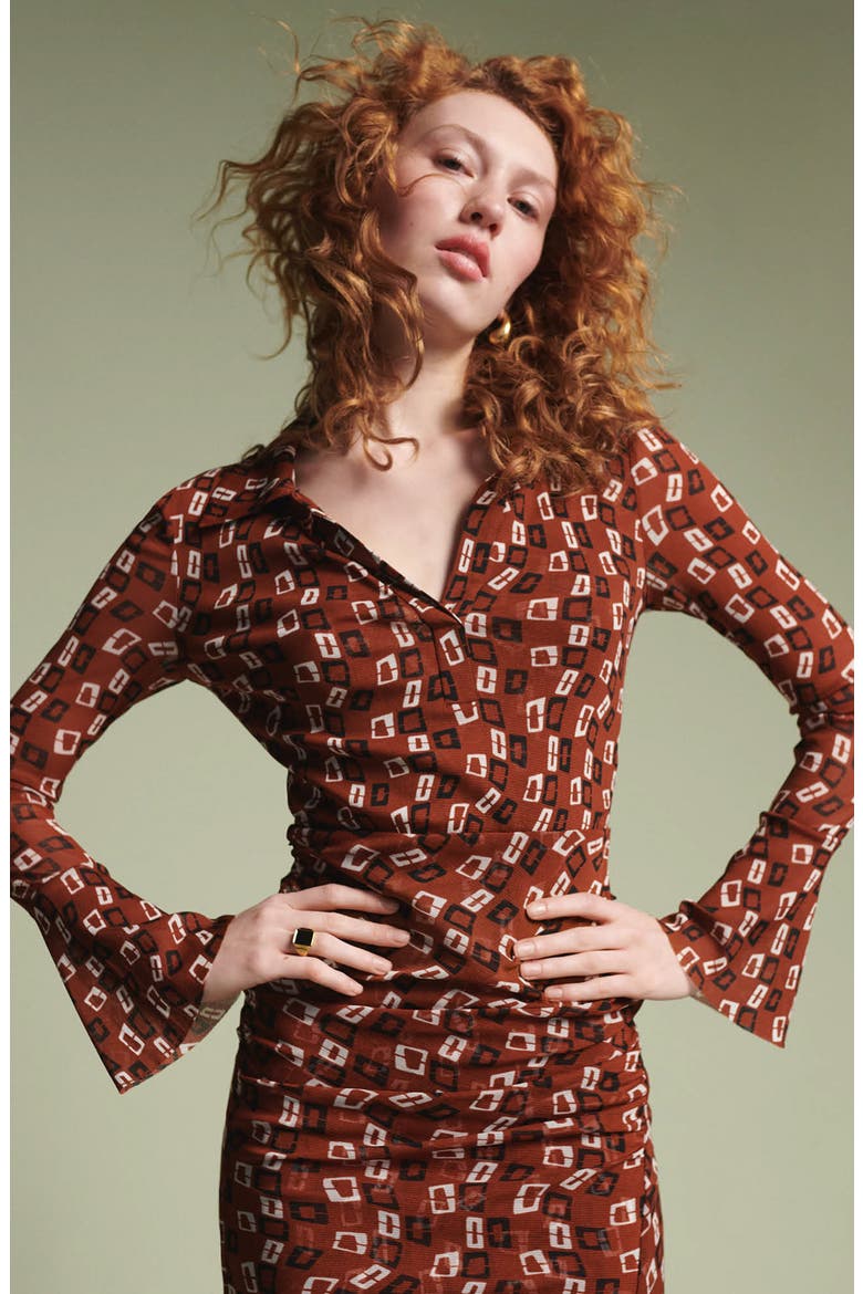 Lilly Geo Print Long Sleeve Mesh Dress, Alternate, color, CHAIN SPOTS BROWN SM