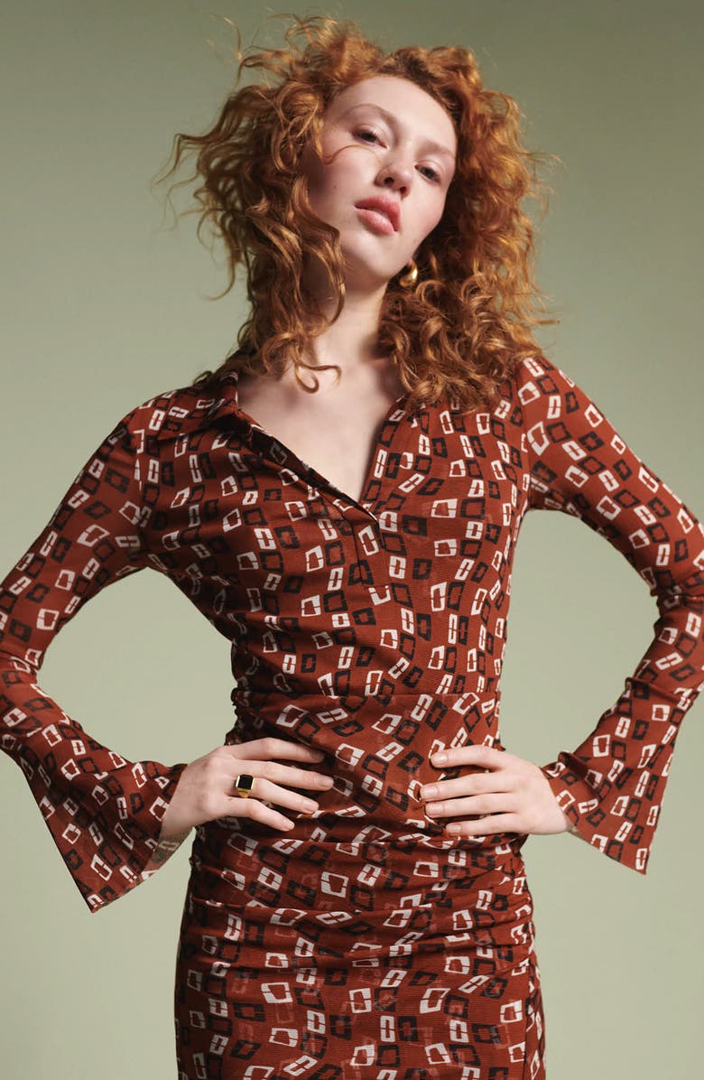 DVF Lilly Geo Print Long Sleeve Mesh Dress, Alternate, color, Chain Spots Brown Sm