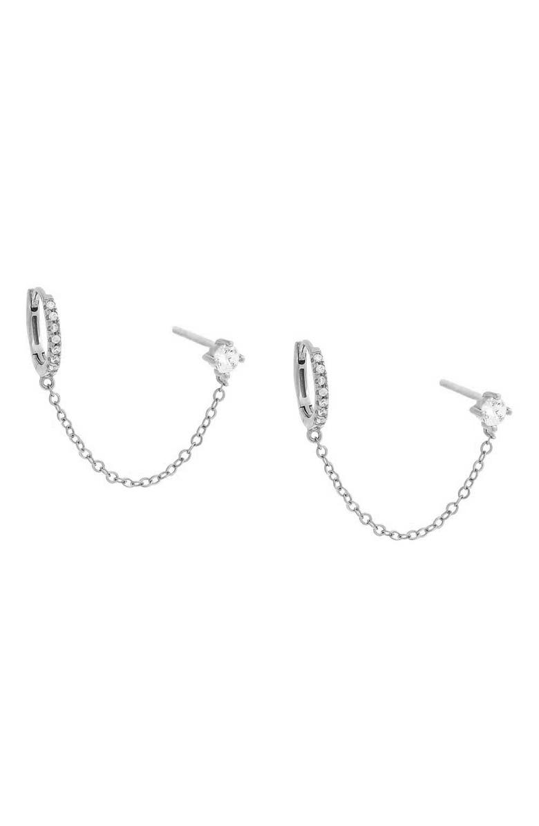 BY ADINA EDEN CZ Solitarie Stud X Huggie Chain Earring, Main, color, Silver