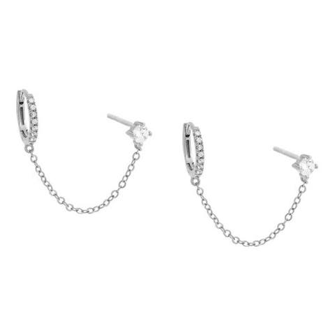 CZ Solitarie Stud X Huggie Chain Earring