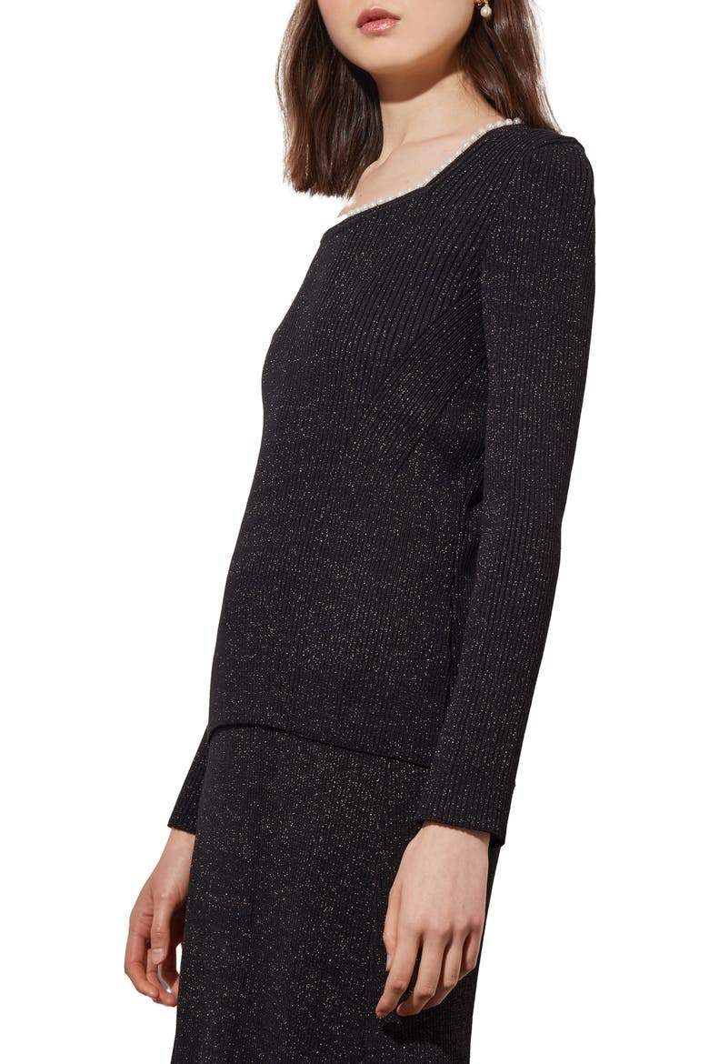 Imitation Pearl Collar Shimmer Rib Sweater, Alternate, color, BLACK/SILVER