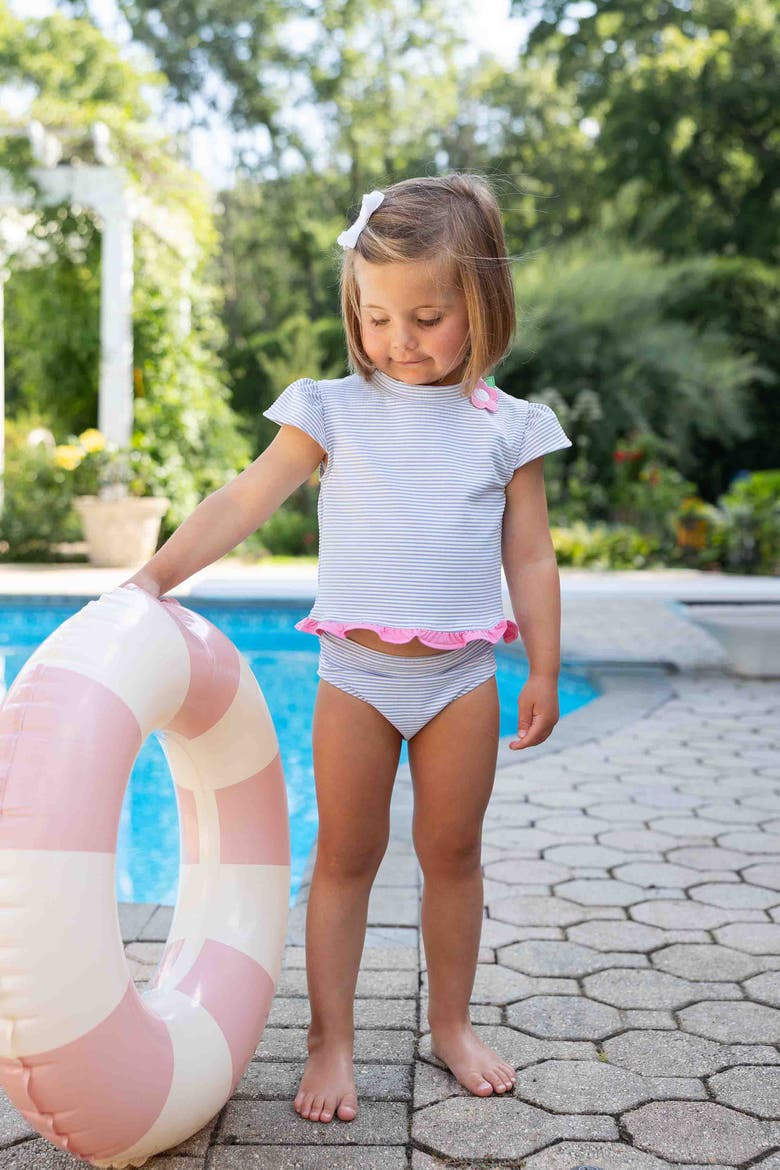 Cap Sleeve Rash Guard Tankini With Flower, Alternate, color, Blue/White