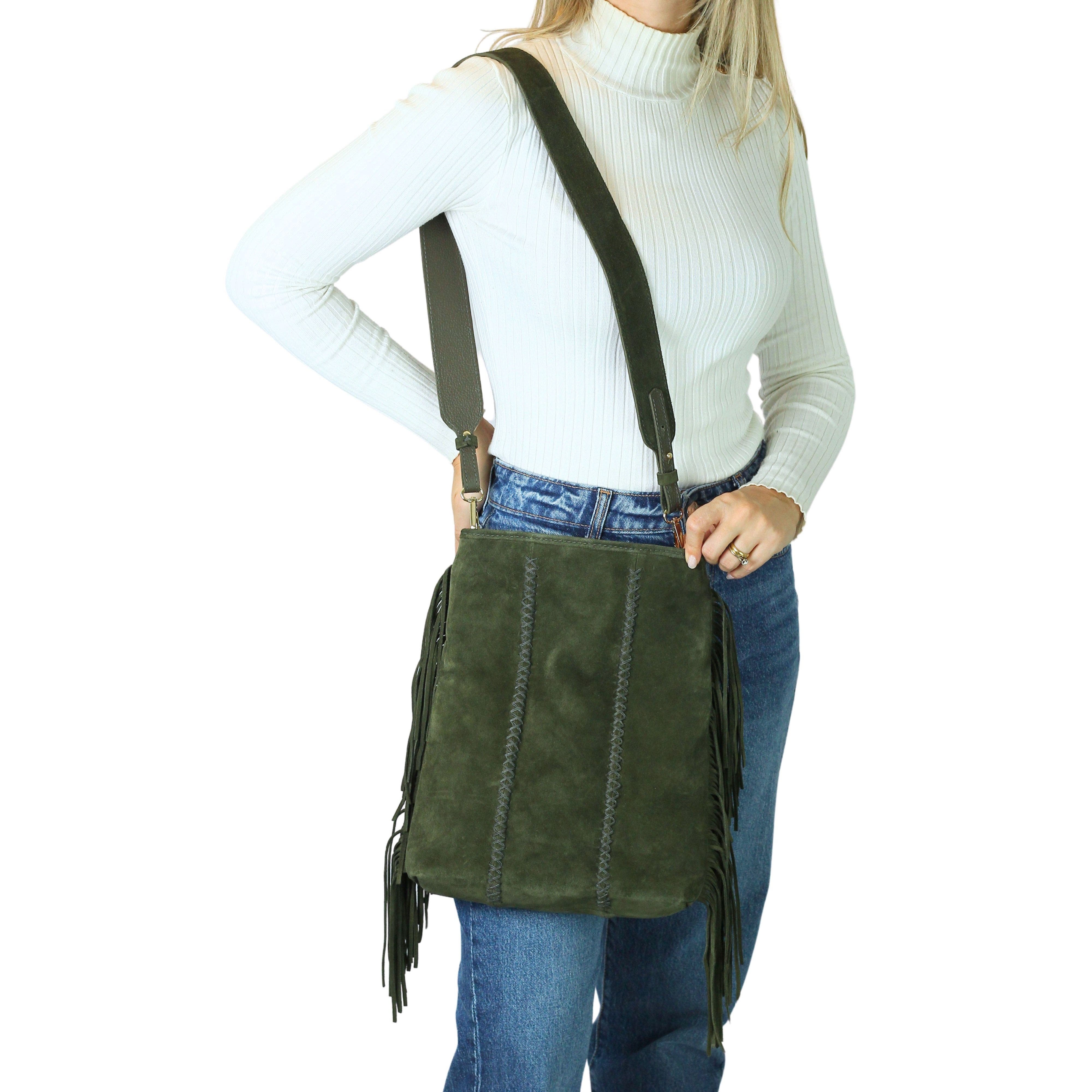 Medium Fringe Suede Crossbody Messenger, Alternate, color, Olive