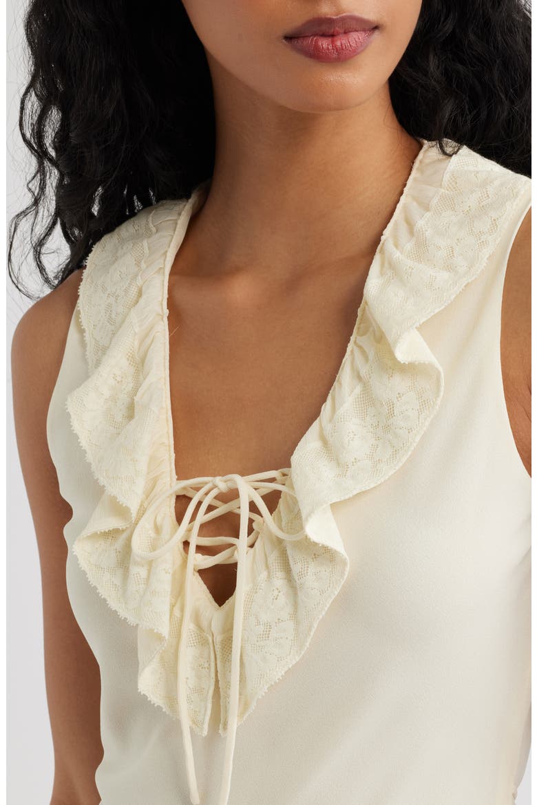 Ruffled Lace Trim V-Neck Midi Dress, Alternate, color, VANILLA