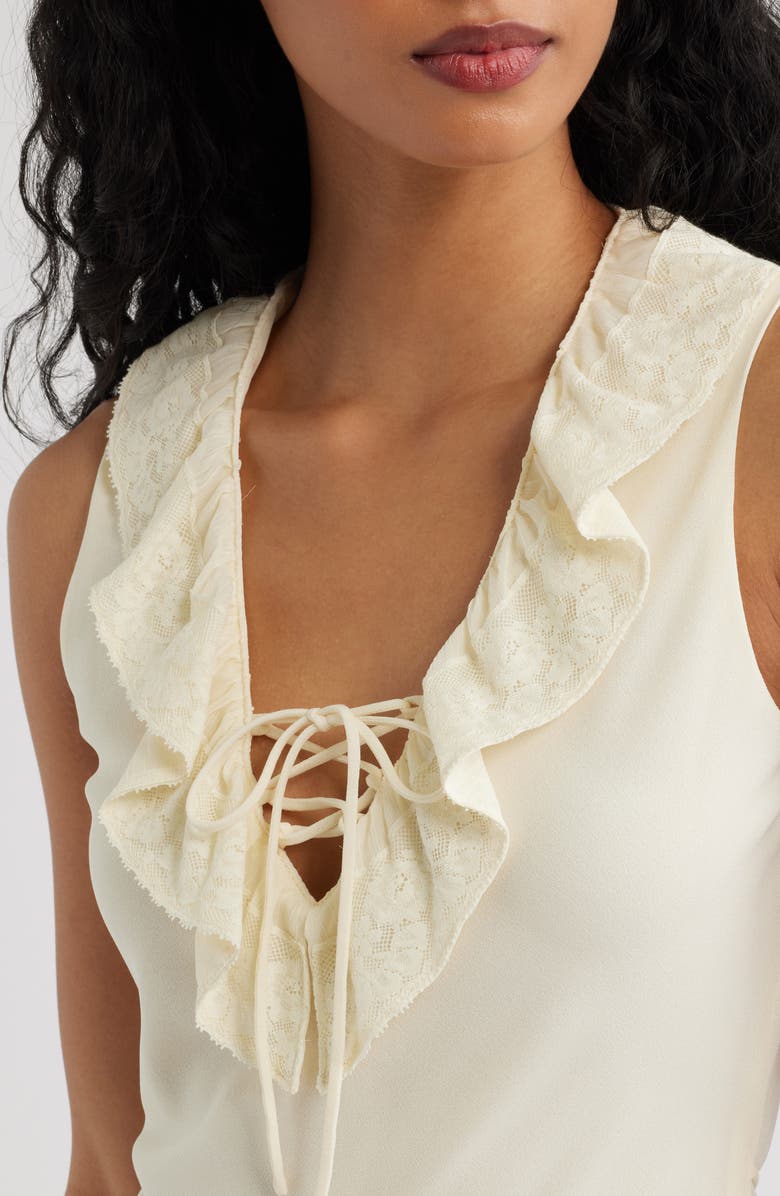 MANGO Ruffled Lace Trim V-Neck Midi Dress, Alternate, color, Vanilla
