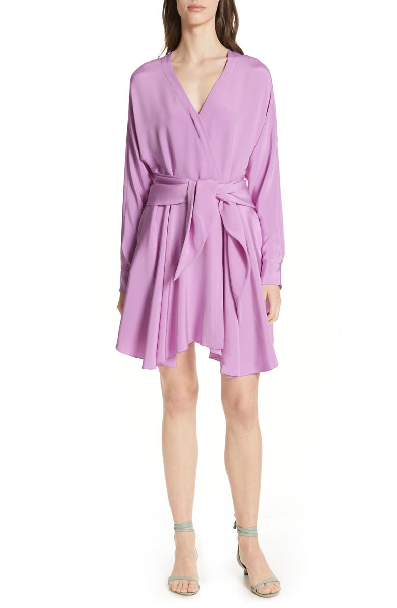 Tibi Shark Bite Hem Long Sleeve Silk Minidress, Main, color, 