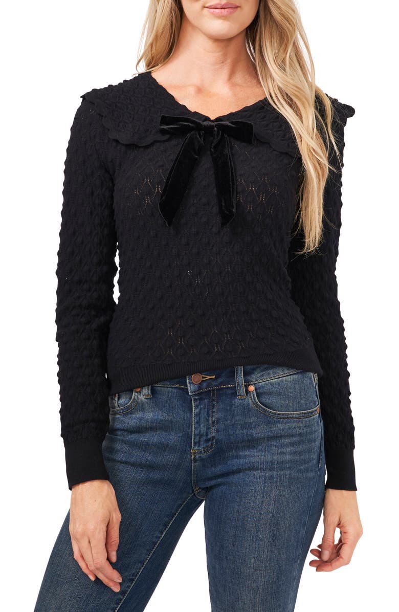 CeCe Pointelle Knit Collared Sweater with Velvet Bow, Main, color, 