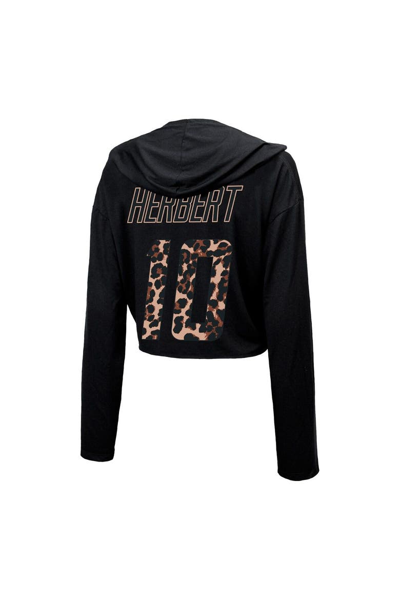 Women's Majestic Threads Justin Herbert Black Los Angeles Chargers Leopard Player Name & Number Long Sleeve Cropped Hoodie, Alternate, color, Black