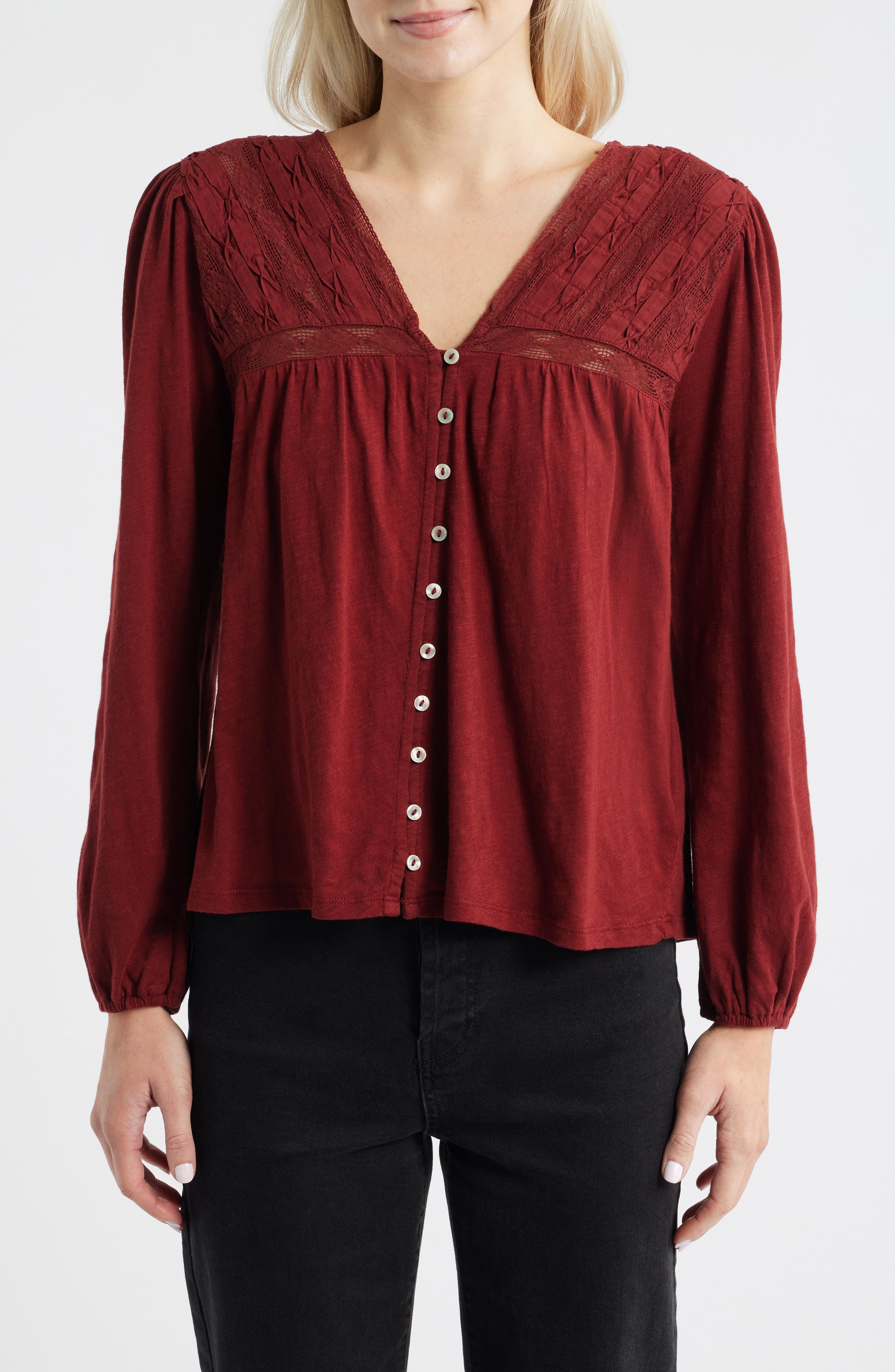Lucky Brand Lace Yoke Peasant Top