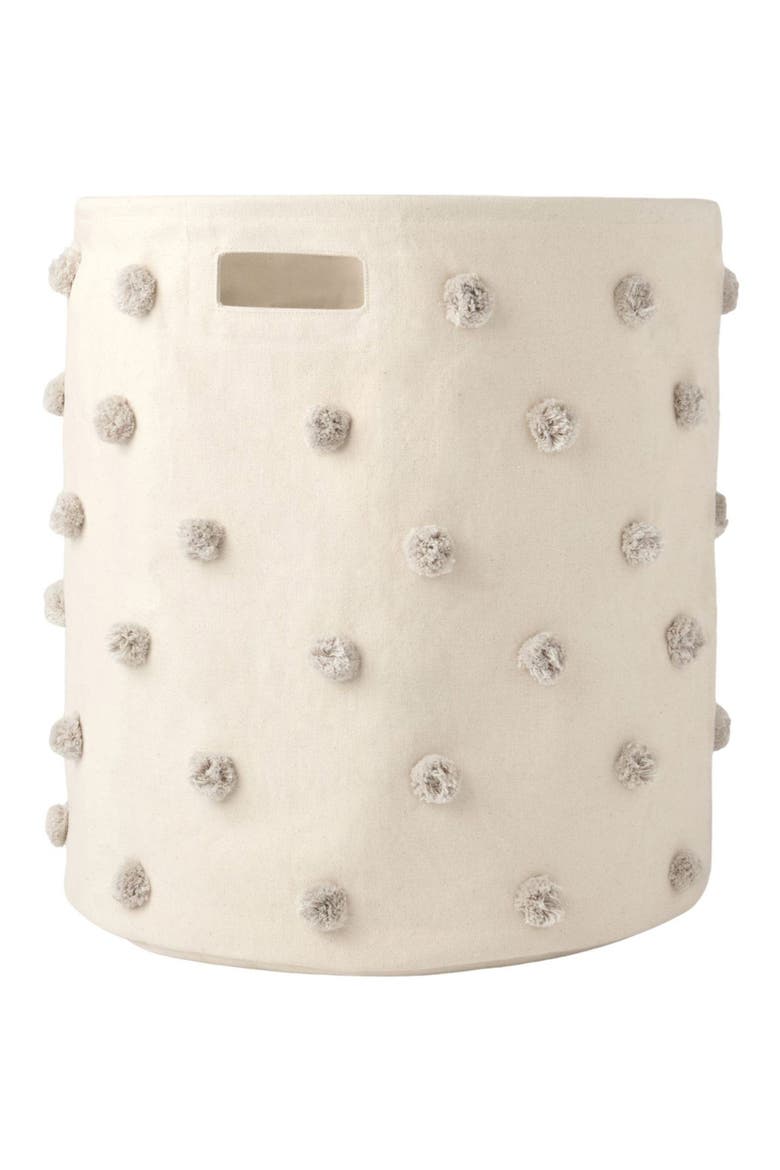 Pompom Cotton Canvas Hamper, Main, color, GREY