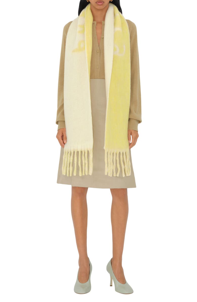 Burberry Logo Text Jacquard Reversible Alpaca & Wool Blend Fringe Scarf, Alternate, color, Sandstone