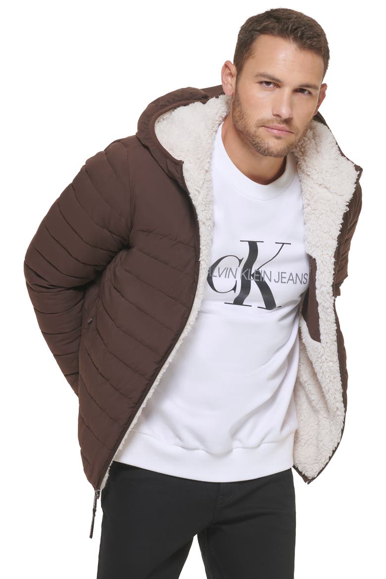 Faux Shearling Lined Hooded Puffer Jacket, Alternate, color, BROWN