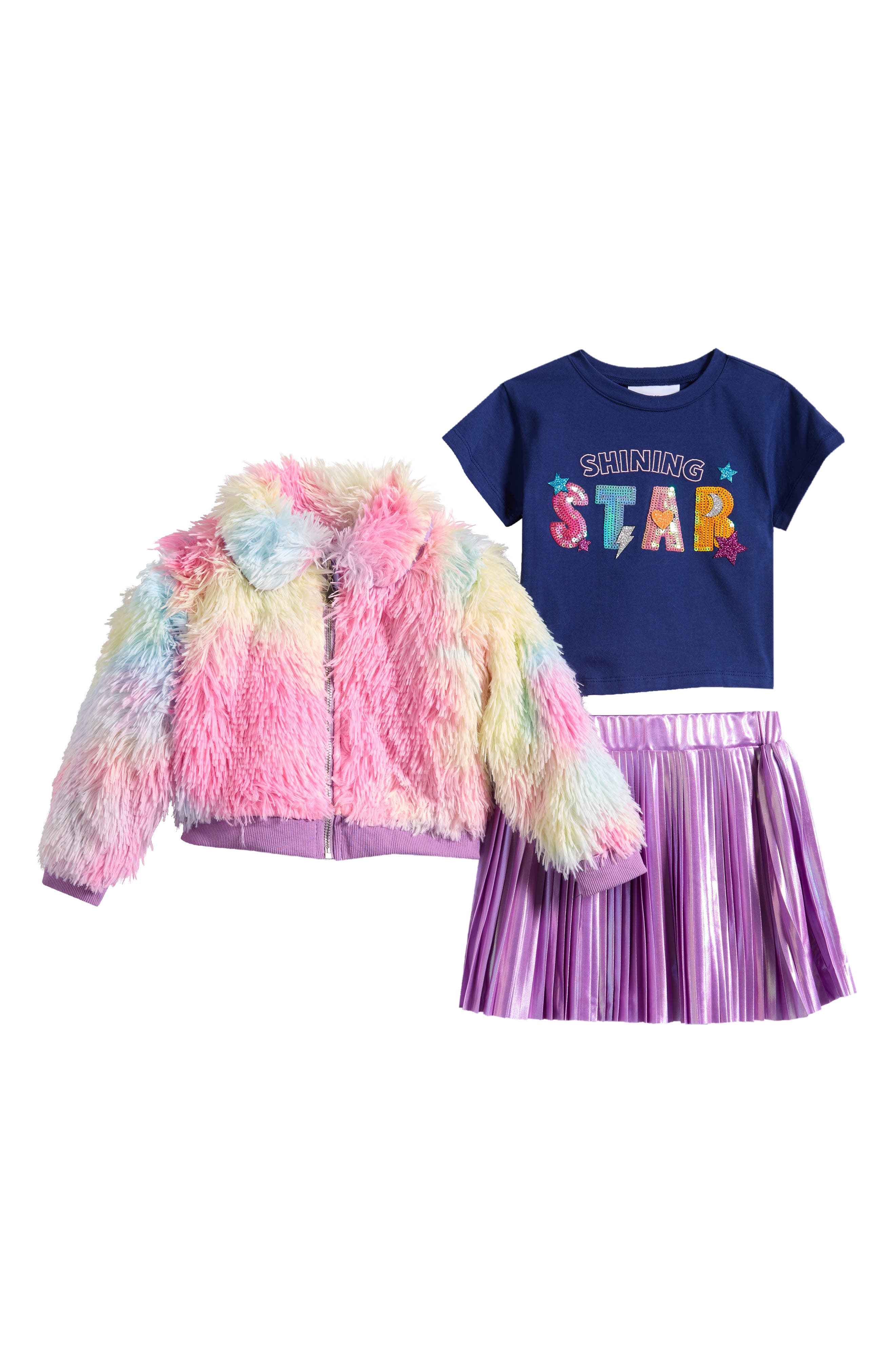 Kids' Faux Fur Jacket, Graphic Tee & Pleated Skirt Set