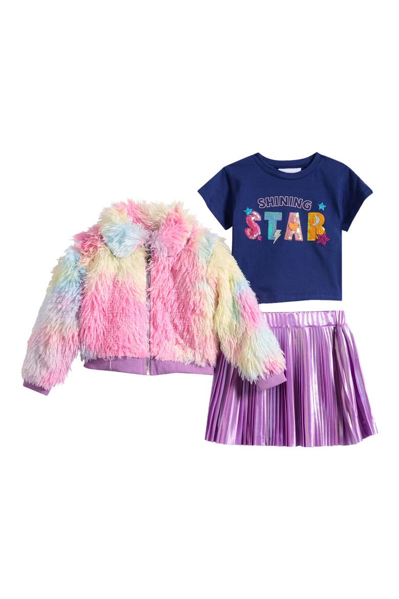 Kids' Faux Fur Jacket, Graphic Tee & Pleated Skirt Set, Main, color, BLUE