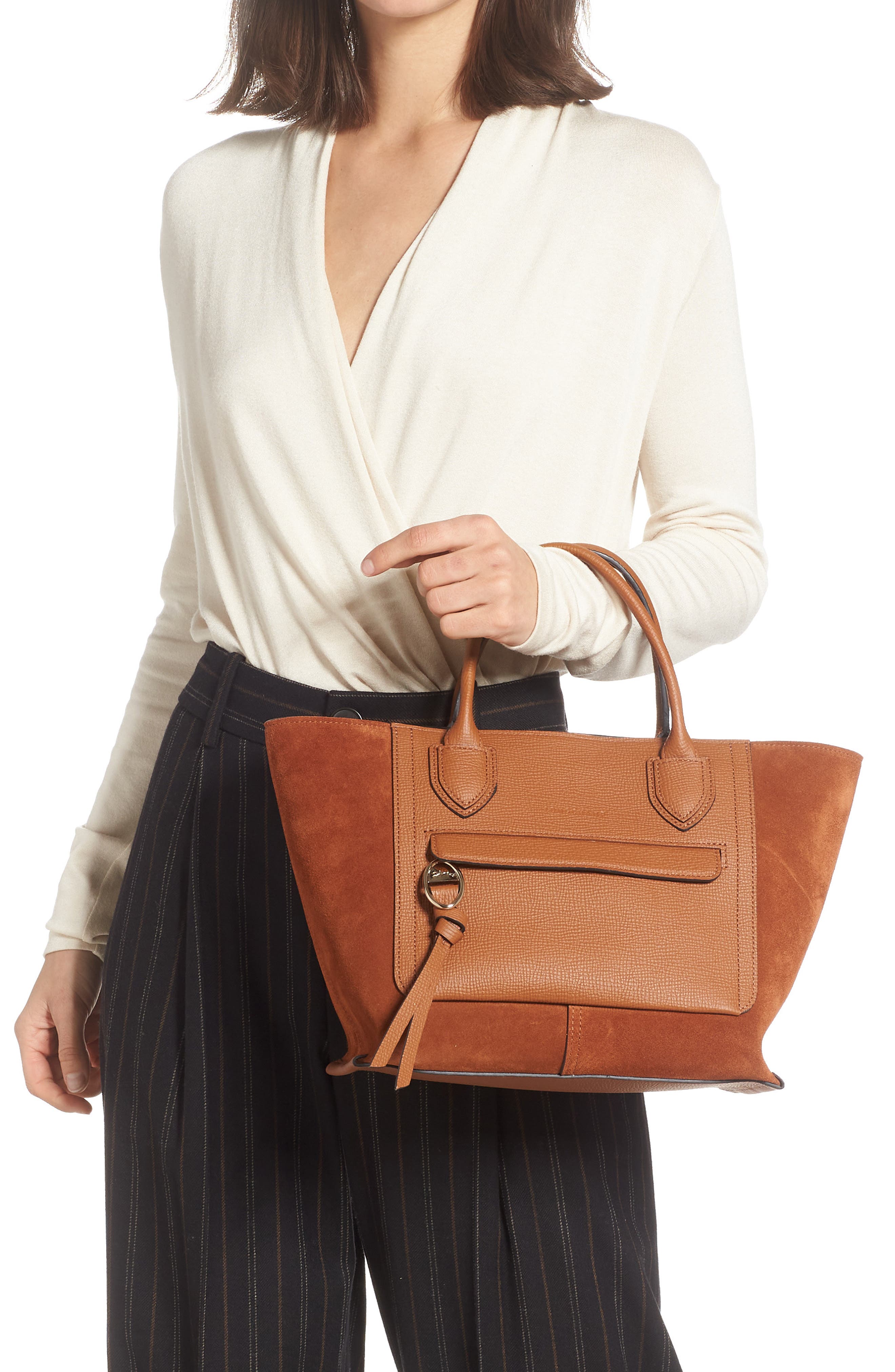Longchamp Medium Mailbox Suede & Leather Top Handle Bag, Alternate, color, Cognac