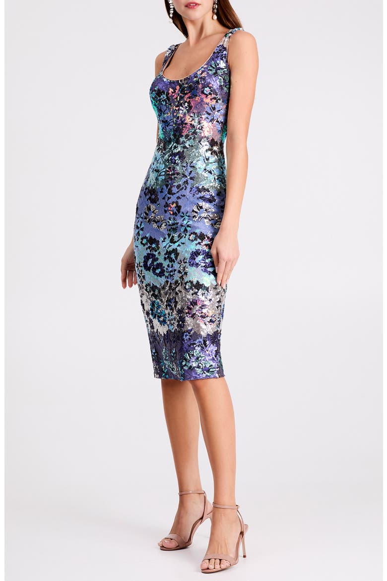 Myra Sequin Pencil Cocktail Dress, Alternate, color, BLUE/ SILVER FLORAL