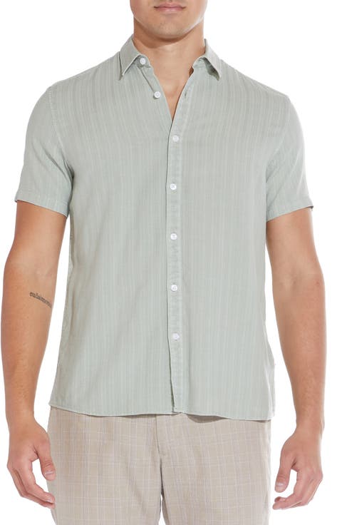 Stripe Pattern Short Sleeve Cotton Button-Up Shirt