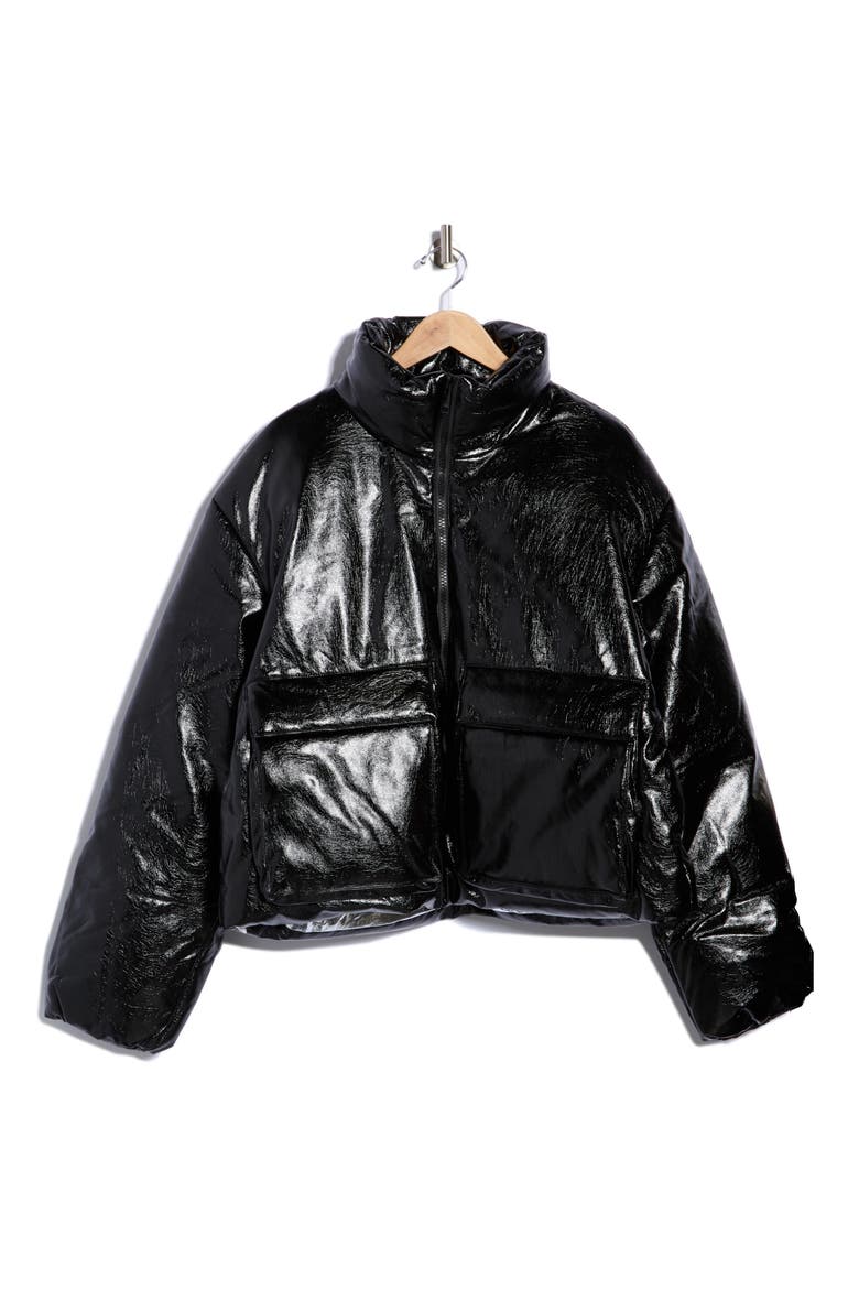 Faux Leather Puffer Jacket, Alternate, color, BLACK