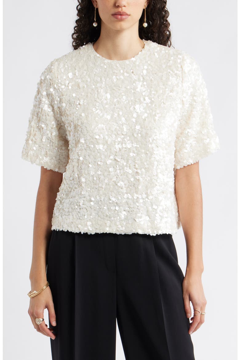 Sequin Short Sleeve Top, Main, color, IVORY SEQUIN