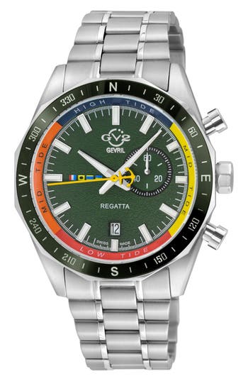 Gv2 Regatta Stainless Steel Swiss Quartz Bracelet Watch, 42mm In Green/stainless Steel