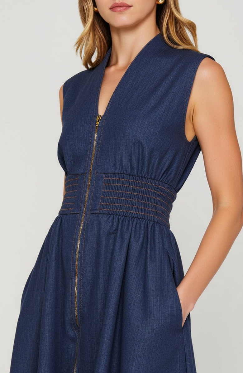 Zip Front Sleeveless Denim Midi Dress with Smocked Waist Detail