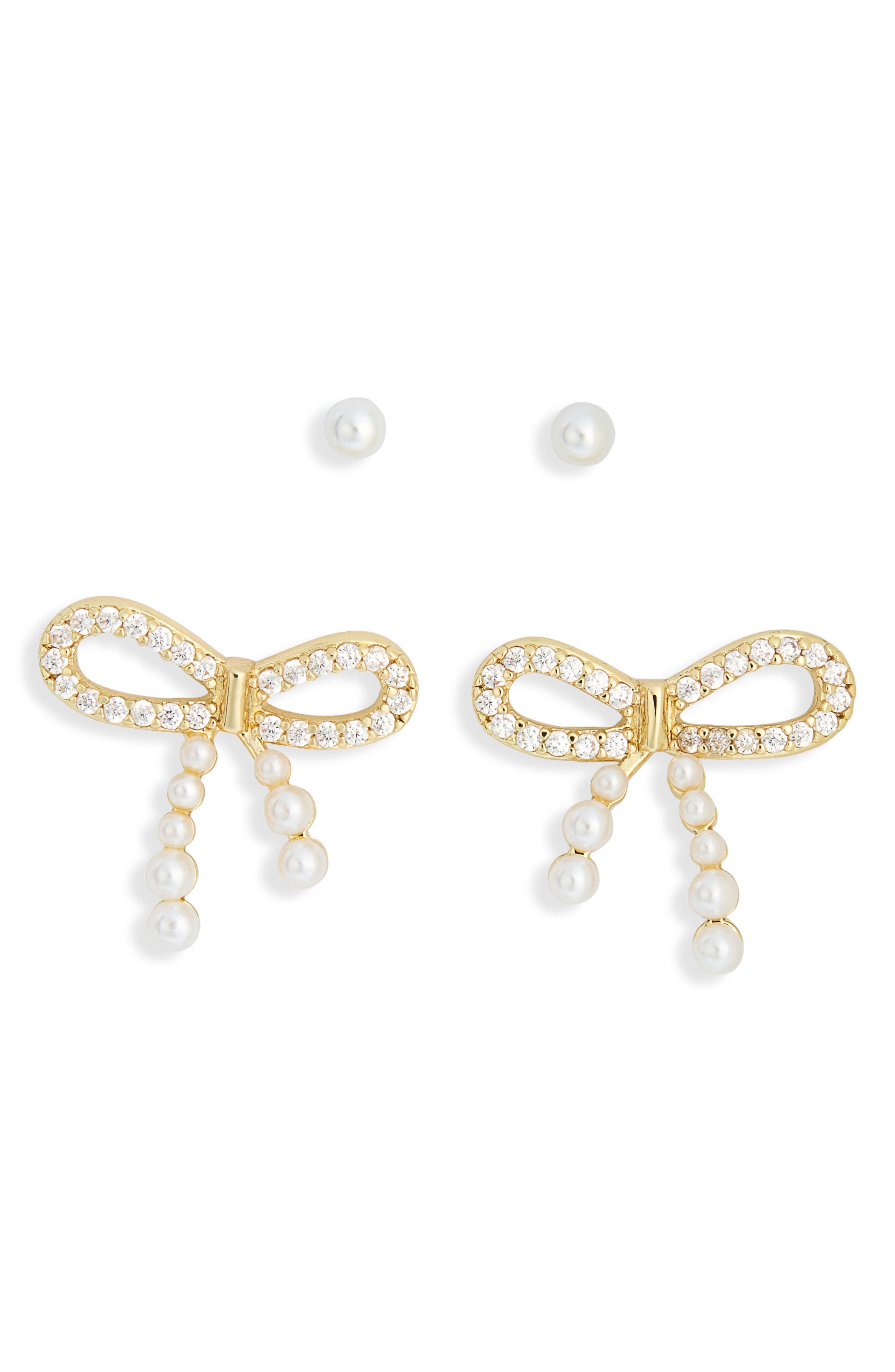 NORDSTROM RACK Set of 2 Faux Pearl & Cubic Zirconia Bow Stud Earrings