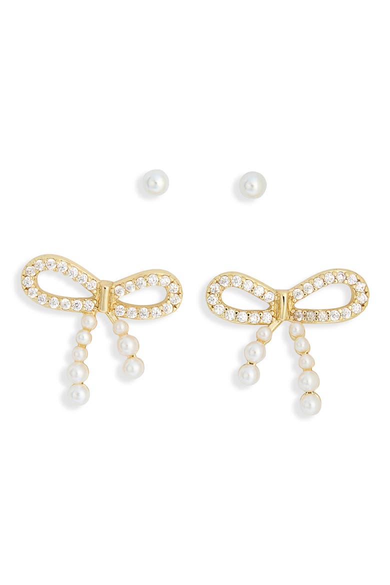 Set of 2 Faux Pearl & Cubic Zirconia Bow Stud Earrings, Main, color, CLEAR- WHITE- GOLD
