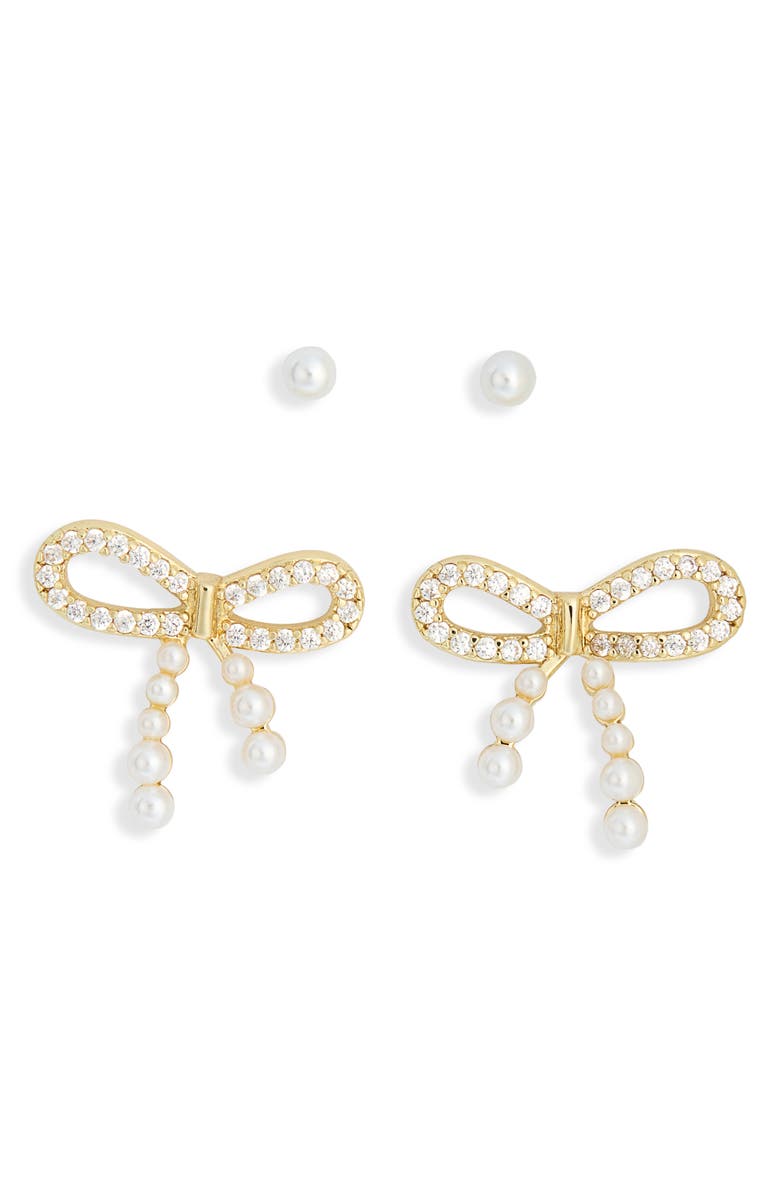 NORDSTROM RACK Set of 2 Faux Pearl & Cubic Zirconia Bow Stud Earrings, Main, color, 