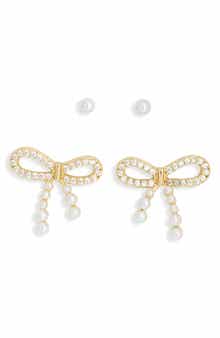NORDSTROM RACK Set of 2 Faux Pearl & Cubic Zirconia Bow Stud Earrings