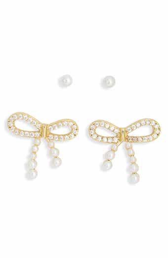 Set of 2 Faux Pearl & Cubic Zirconia Bow Stud Earrings