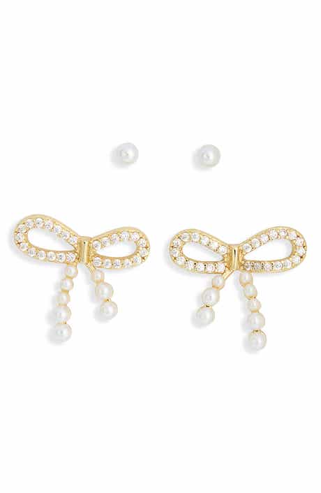 NORDSTROM RACK Set of 2 Faux Pearl & Cubic Zirconia Bow Stud Earrings