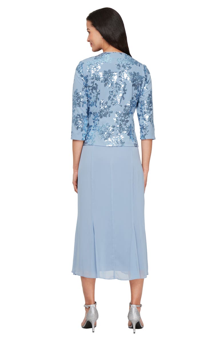 Alex Evenings Sequin Detail Cocktail Midi Dress with Jacket, Alternate, color, Dusty Blue